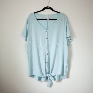 French laundry 3x blouse, light blue and white stripes, faux buttons, tie front